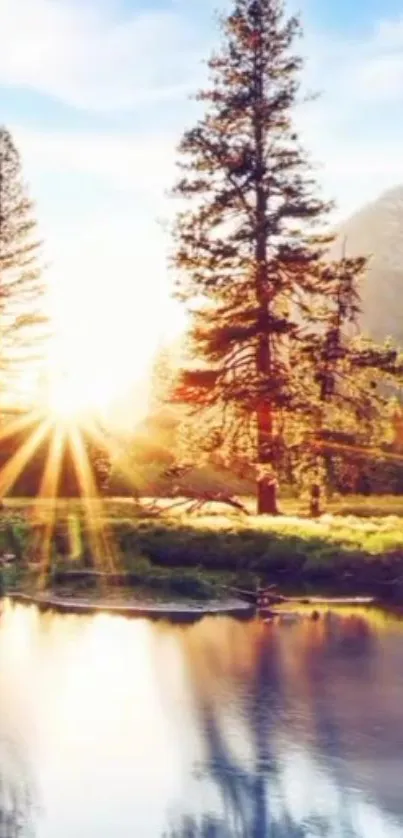 Serene sunrise over mountains with reflection in lake.