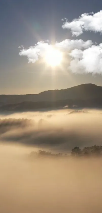 Peaceful sunrise over misty mountains with clouds.