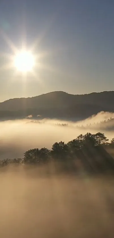 Serene sunrise over misty mountains with soft light and sky.