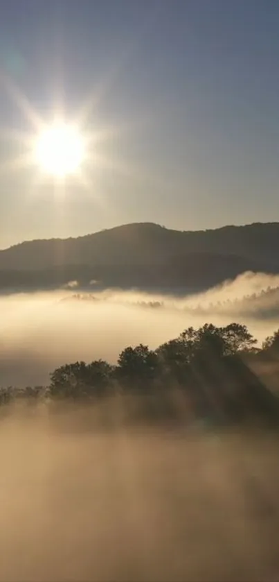 Serene sunrise over misty mountains with sunbeams illuminating the landscape.