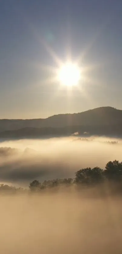 Golden sunrise over misty mountains with sunlit horizon.