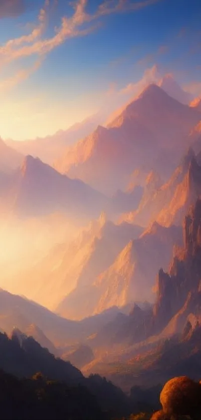 Stunning sunrise over majestic mountain peaks with misty valleys.