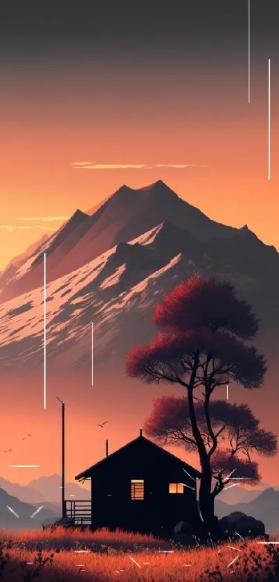 Mountain sunset with cabin and tree in warm colors.