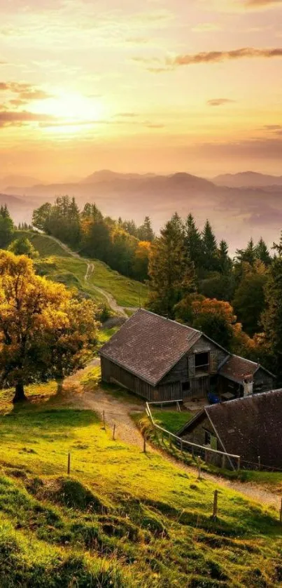 Serene mountain sunset with rustic cabins and lush greenery.