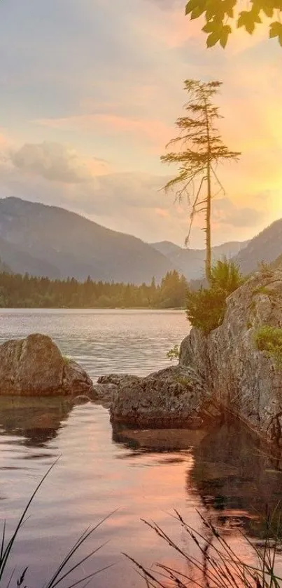 Beautiful sunset over a tranquil mountain lake.