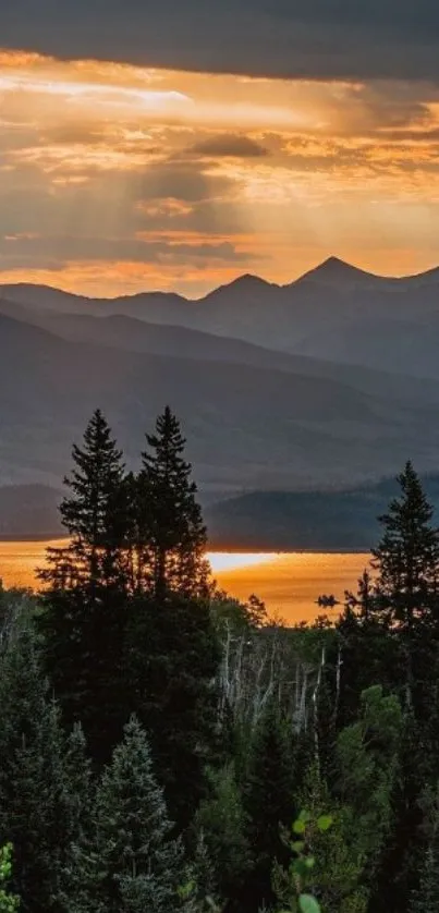 Mobile wallpaper of a sunset over mountains and forest with orange sky.