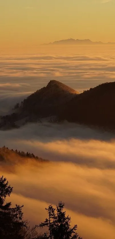 Amber sunset over misty mountains and clouds, creating a serene landscape wallpaper.