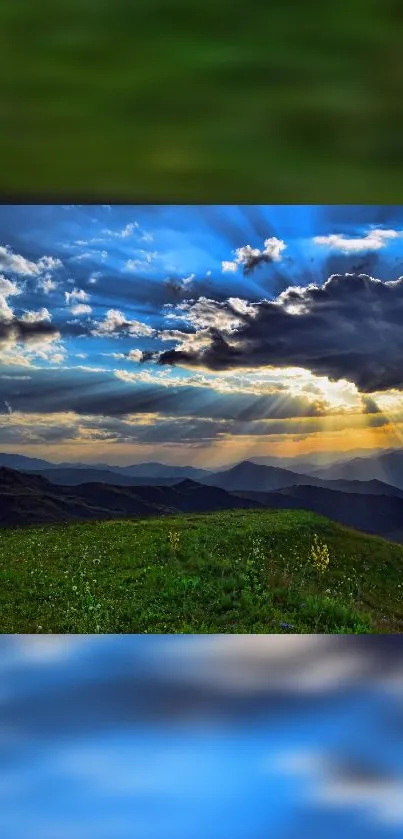 Mountain landscape sunset with green hills and dramatic clouds.