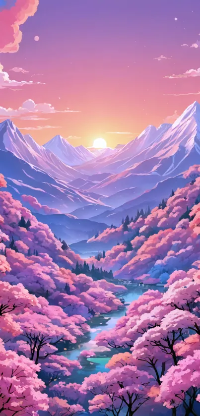 A serene mountain sunset with pink blossoms and pastel colors.