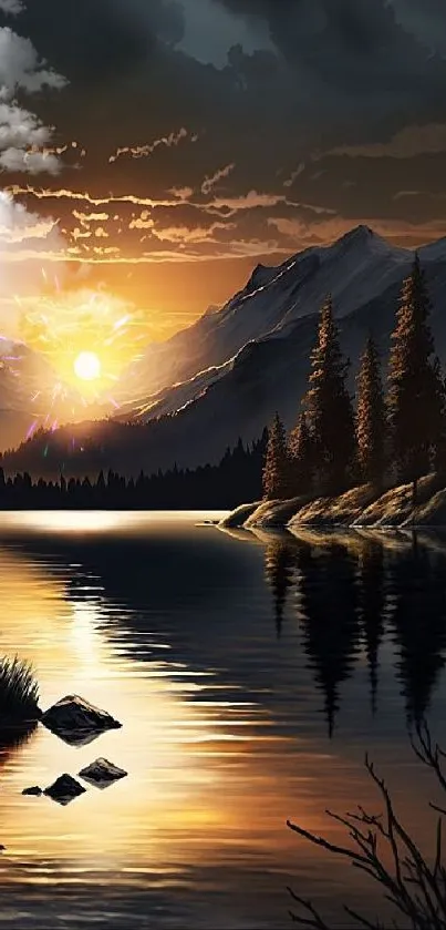 Tranquil sunset over a mountain lake with reflections.