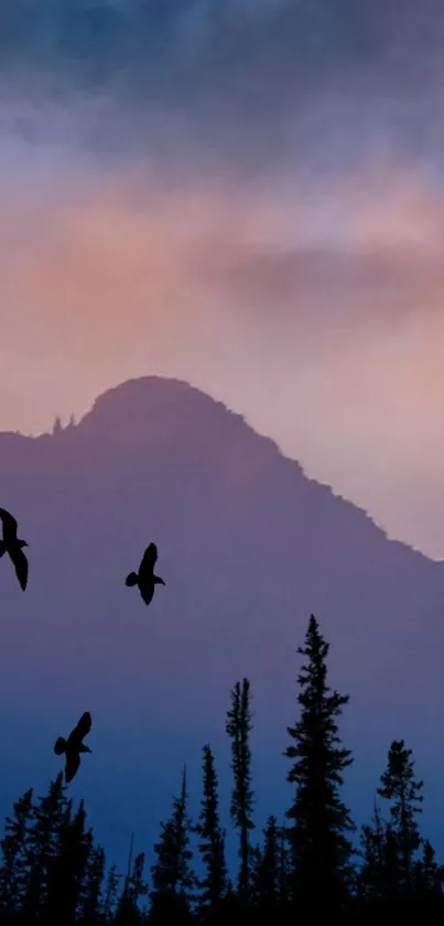 Sunset mountains with birds in flight and trees in silhouette.