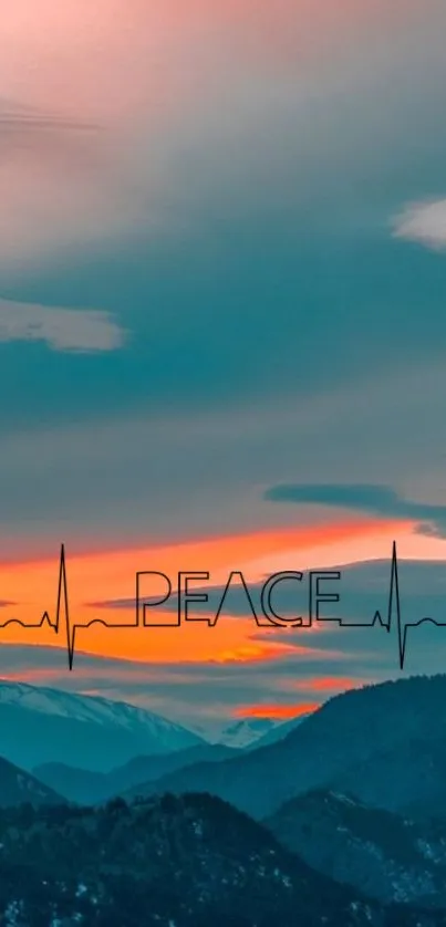 Peaceful sunset mountain wallpaper with heartbeat design.