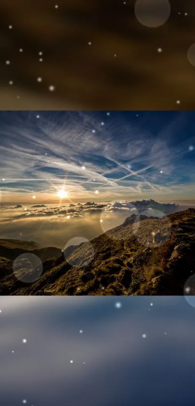 Mountain sunset with bokeh lights, serene and vibrant wallpaper.