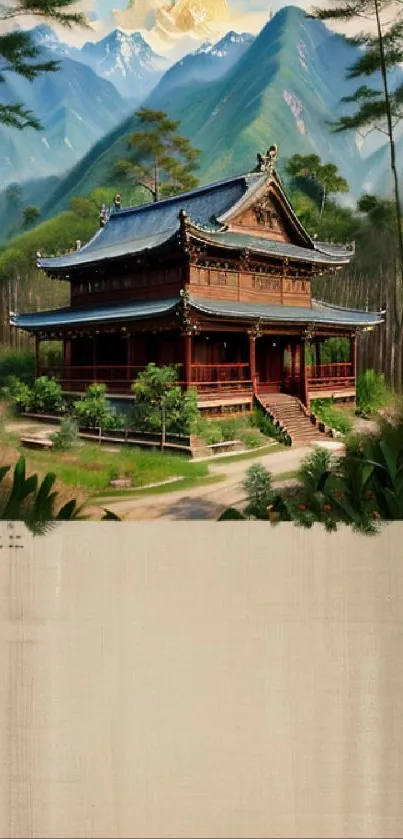 Serene temple in lush mountain setting with decorative design.