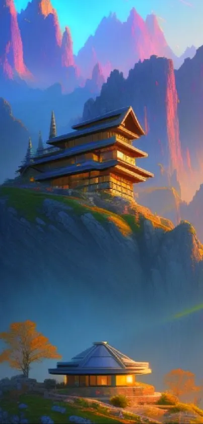 Vibrant mountain temple with golden light.