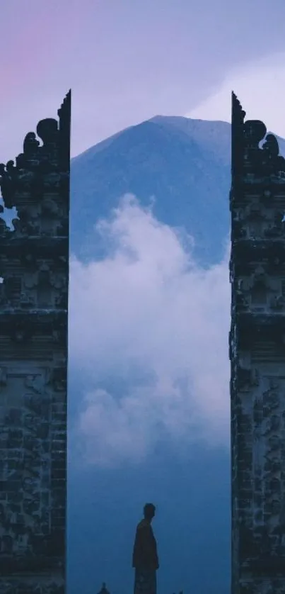 Mystical mountain temple framed in mist and blue hues.