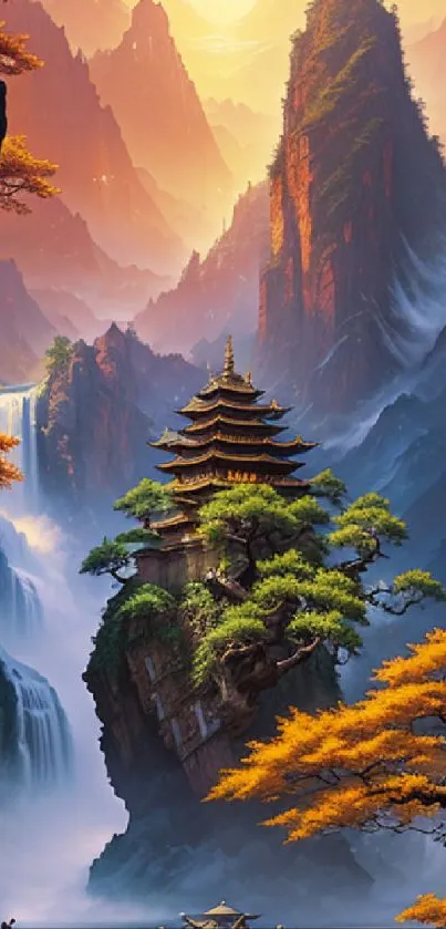 Enchanting wallpaper of a temple nestled in vibrant mountain scenery.