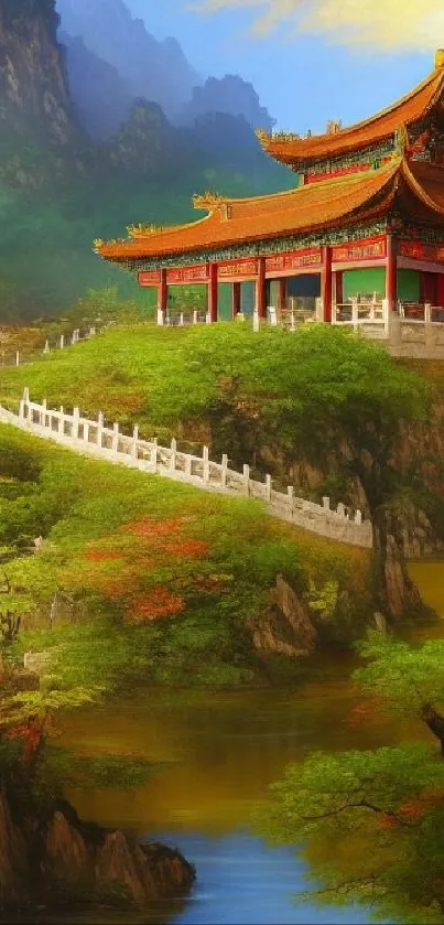 A peaceful mountain temple surrounded by lush greenery and tranquil landscapes.