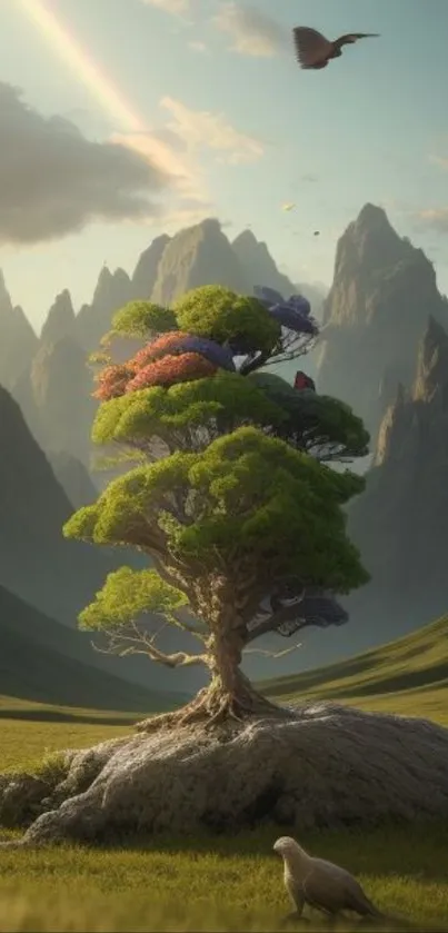 Lone tree with mountain backdrop and lush valley under a dreamy sky.