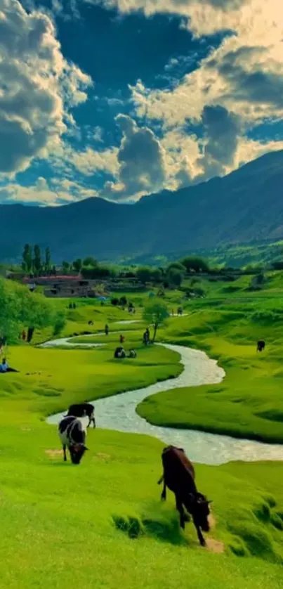 Serene mountain valley with river and grazing cattle under a vibrant sky.