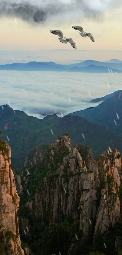 A serene mountain landscape with mist and sunrise colors.