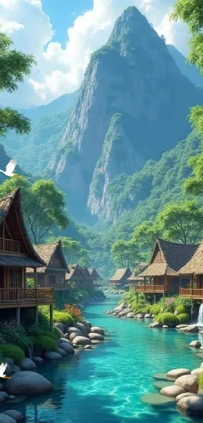 A serene mountain village with a river and lush greenery.