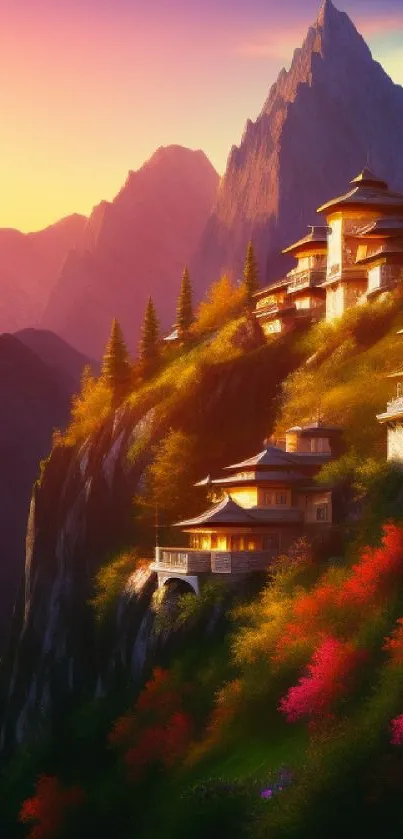 Serene mountain village at sunset with vivid autumn colors.