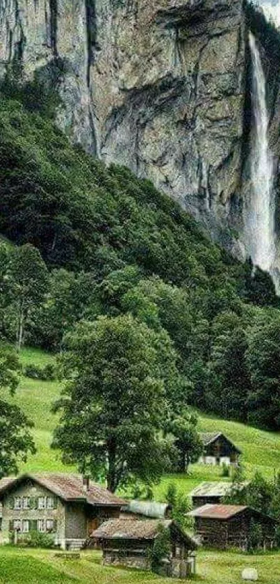 Beautiful mountain village with lush greenery and waterfall.