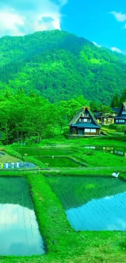 Serene village landscape with vibrant green hues and mountains.