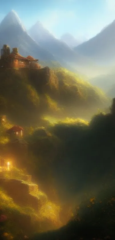 Serene mountain village under golden light wallpaper.