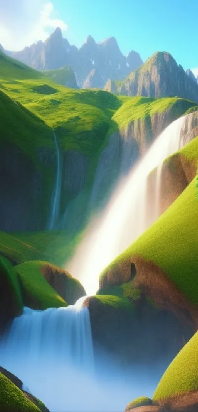 Vibrant green mountain landscape with cascading waterfalls in sunlight.