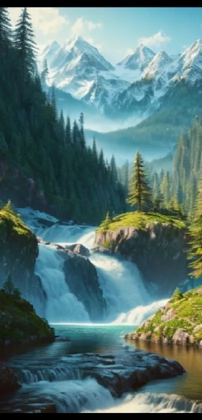 Majestic mountain waterfall with lush green forest and snowy peaks.