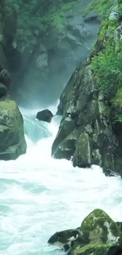 Serene mountain waterfall with lush greenery and rocky formations.