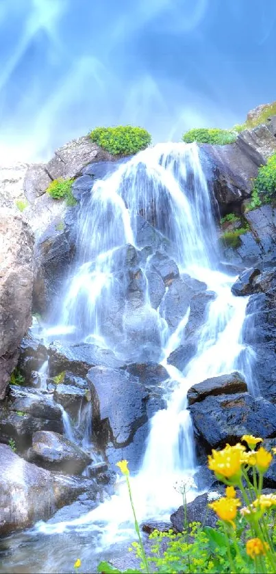 Cascading waterfall with wildflowers and rocks under a sky blue backdrop.