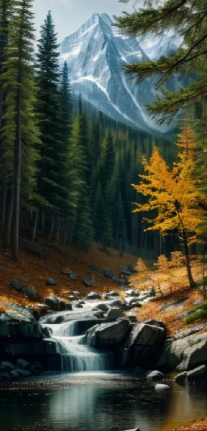 Serene mountain waterfall with autumn foliage and forest.