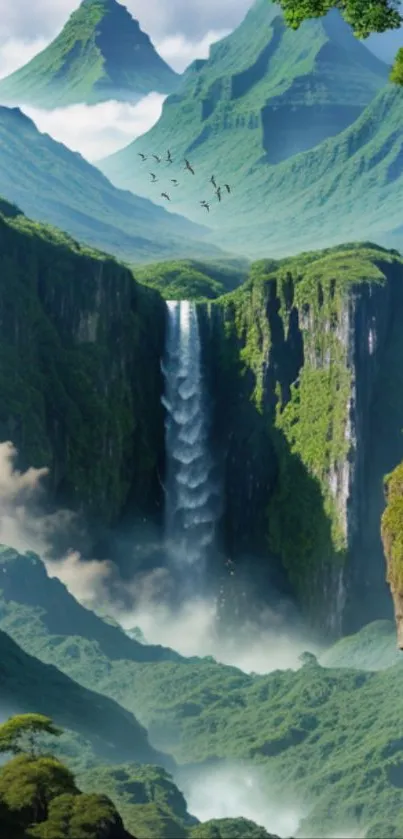 Lush green mountains with a serene waterfall cascading down in a peaceful setting.