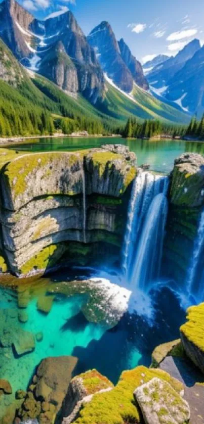 Scenic mountain waterfall with turquoise lake.