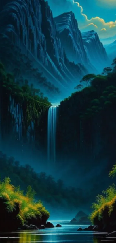 Mountainous waterfall landscape under moonlit sky.