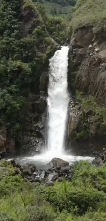 A stunning waterfall cascading down a rocky mountain, surrounded by lush greenery.