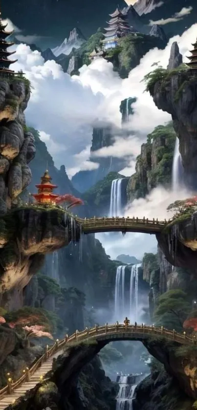 Mountainous landscape with waterfalls and pagoda-style temples.