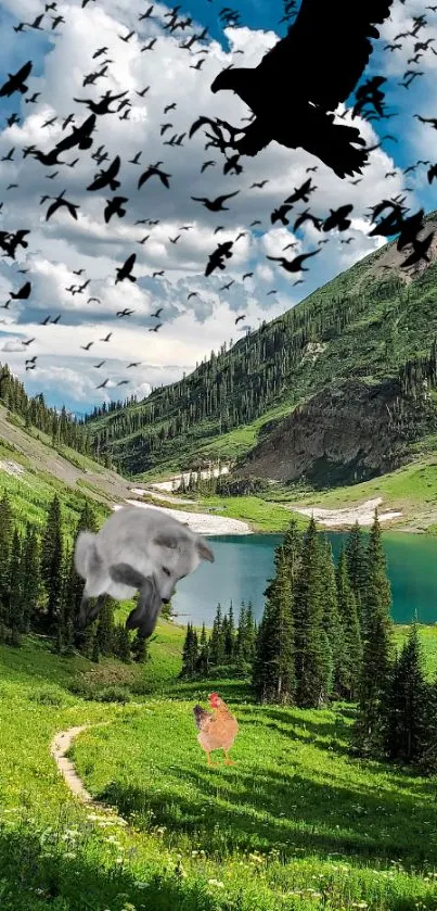 Mountain wildlife scene with birds, lake, and greenery.