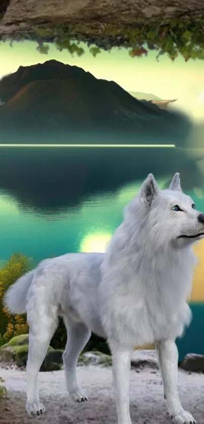 White wolf in serene mountain landscape with teal lake.