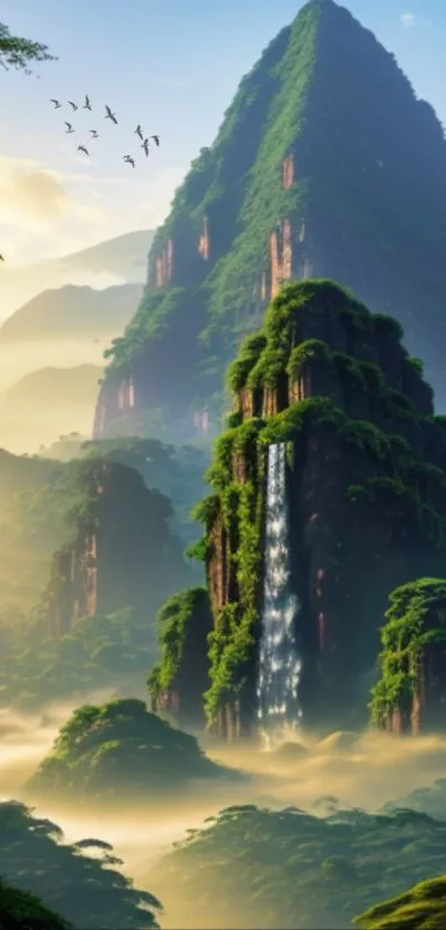 A serene mountain landscape with lush greenery and a waterfall.