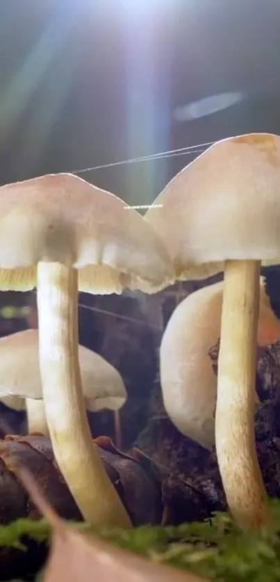 Mushrooms basking in sunlight within a serene forest setting.