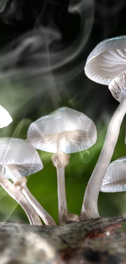 White mushrooms on forest floor with green background.