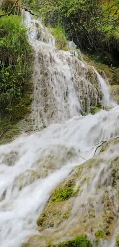 Serene waterfall with lush greenery and flowing water in a natural setting.