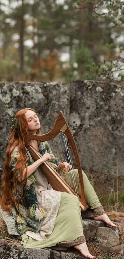 Woman playing harp in serene forest setting.