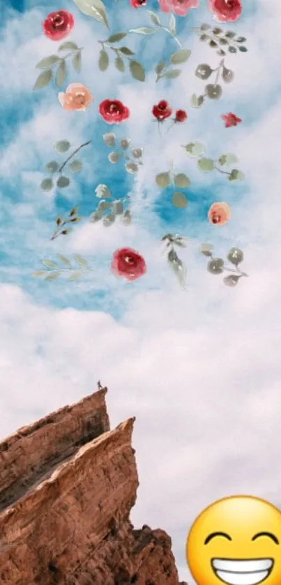 Nature-inspired wallpaper with blue sky, flowers and smiley face.