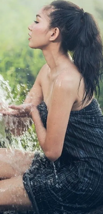 Woman enjoying waterfall in green nature, exuding serenity and calm.