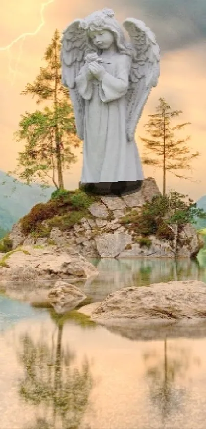 Angel statue in a serene mountain landscape with reflective lake.